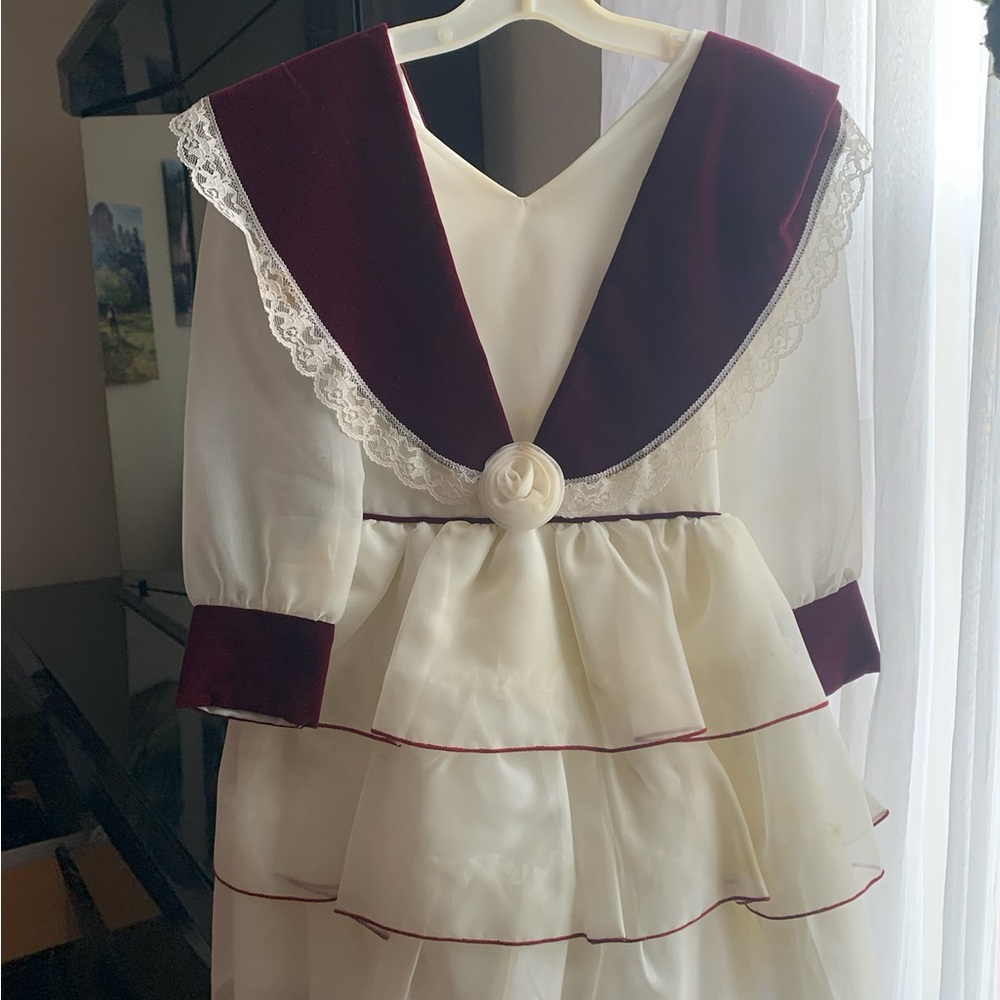 Elegant Cream and Burgundy Dress with Lace Trim